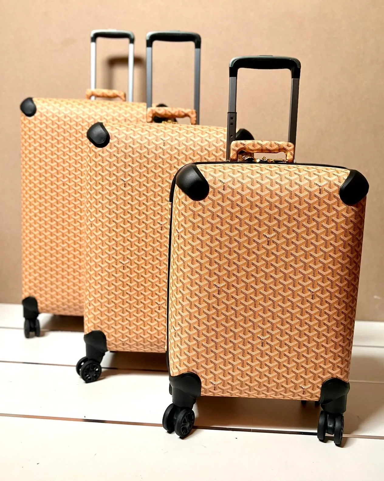 Goyard hardside luggage set with branded corner trim