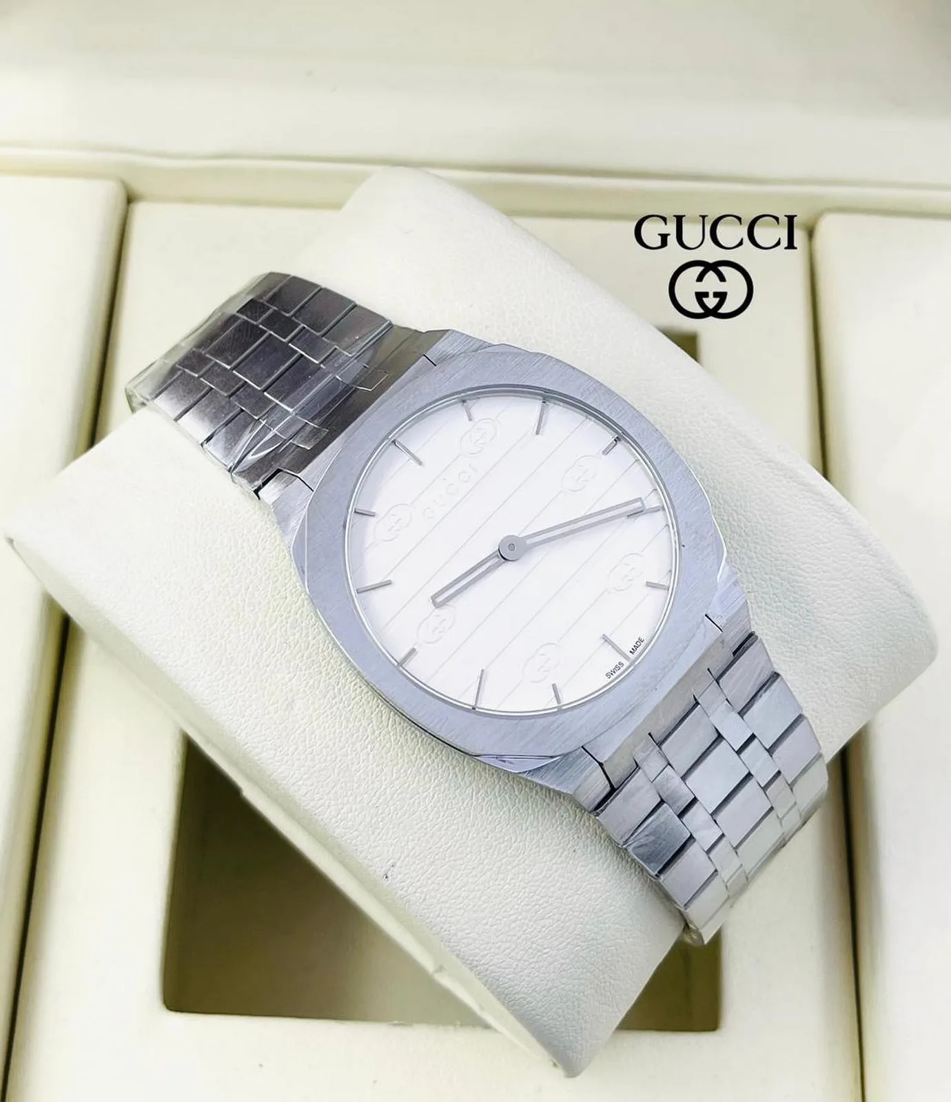 Gucci slim rectangular dial steel bracelet watch