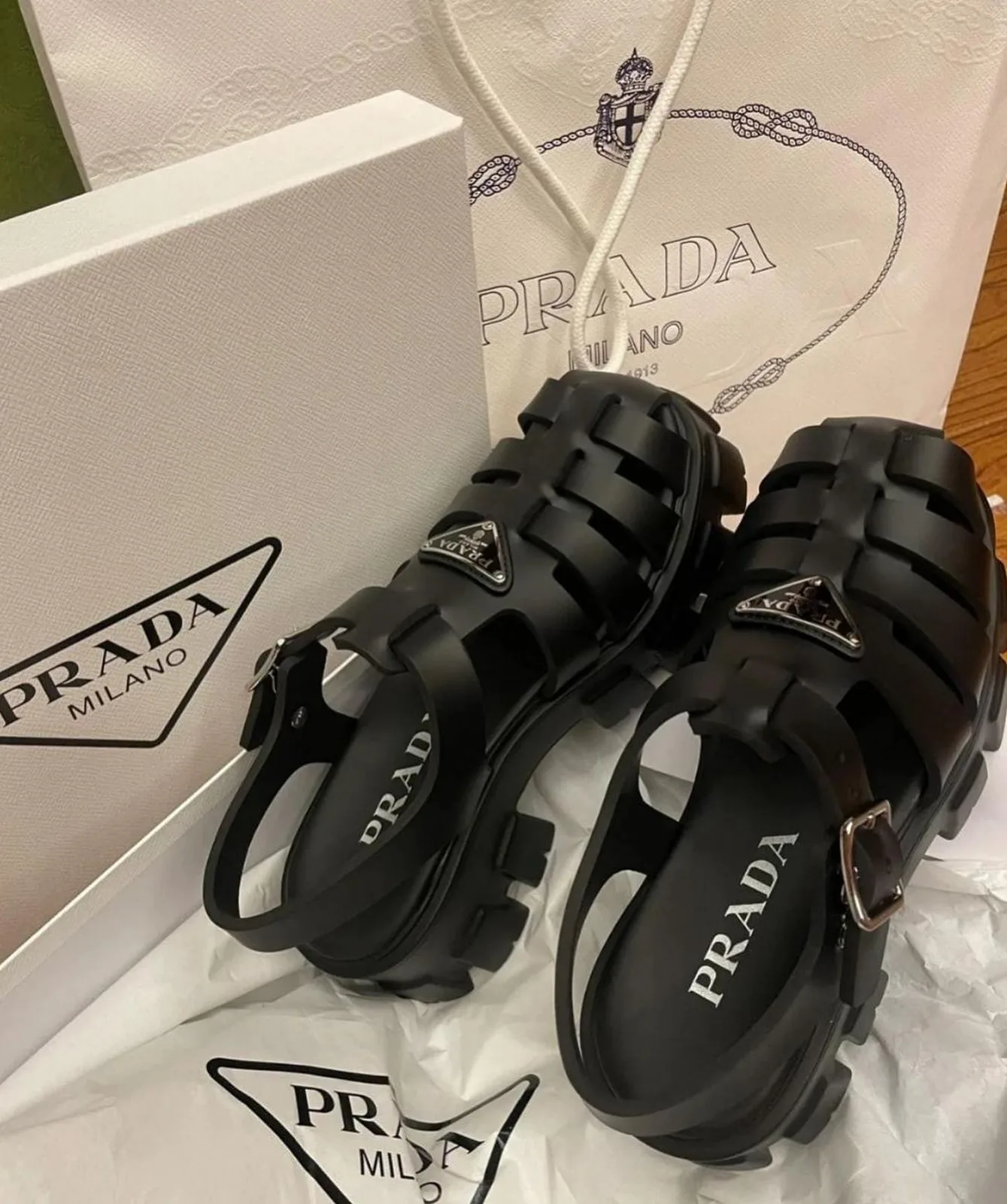 Prada buckle caged sandal